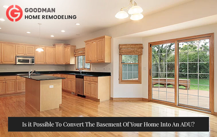 Modern open kitchen in a converted basement with wooden cabinetry and efficient lighting.