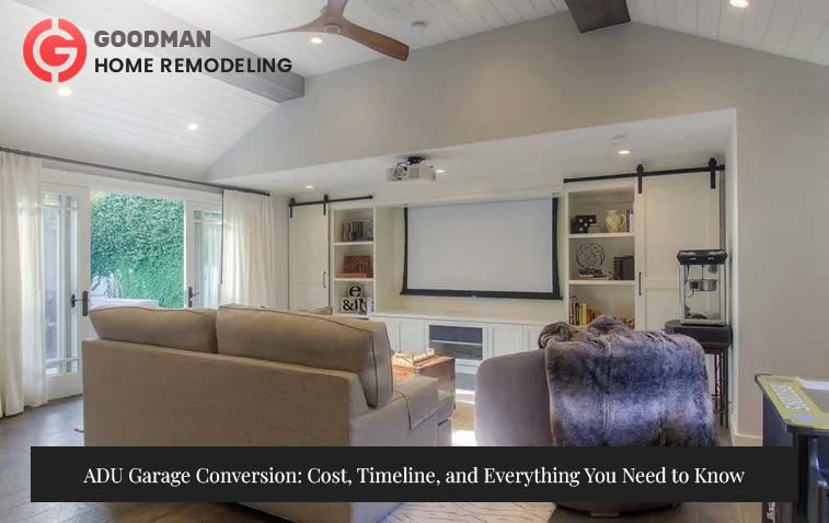 Spacious living room converted from garage with cozy seating and elegant decor.