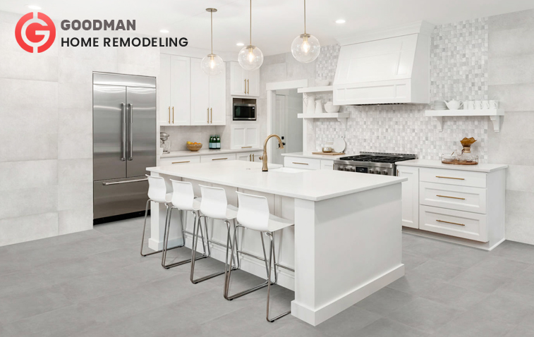 Kitchen featuring a multi-functional island with built-in appliances and seating area.