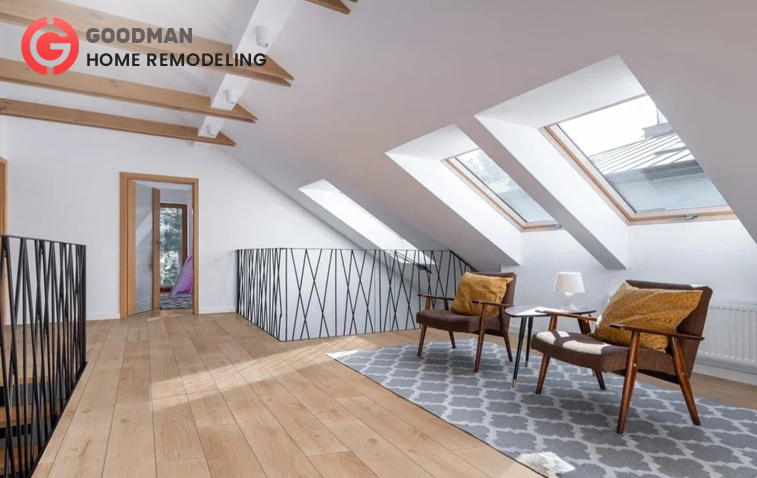 Interior view of an attic converted into an ADU with modern furnishings