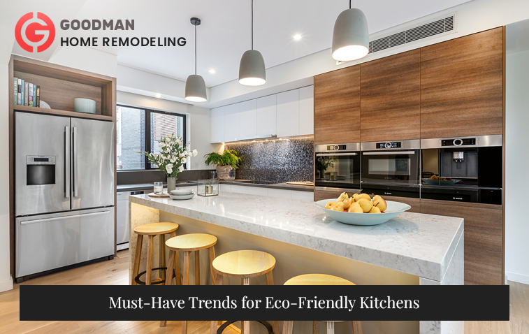 Eco-friendly kitchen featuring energy-efficient appliances and sustainable materials for a green home.