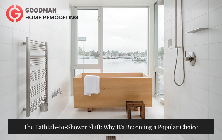 Small bathroom with a wooden bathtub, heated towel rack, and shower, featuring natural light from a large window.